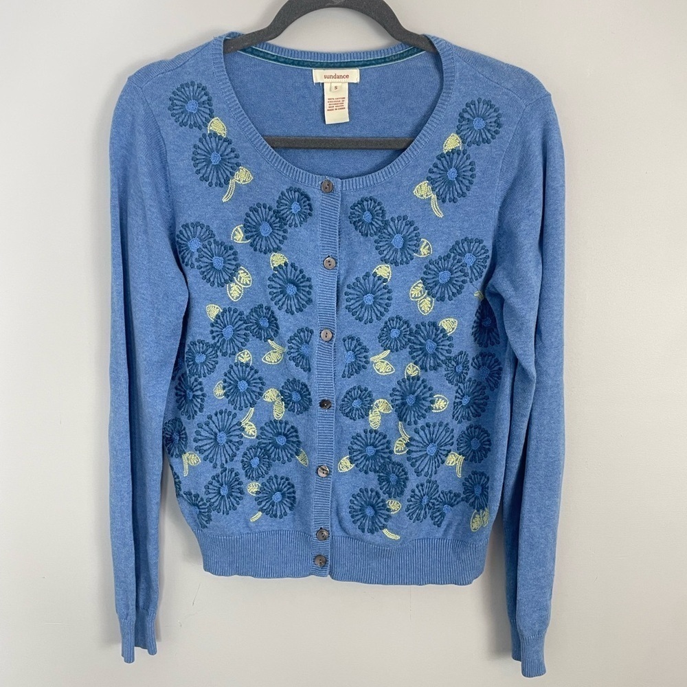 Sundance Cardigan Women’s Small Embroidered Floral Knit Blue Yellow Button Down